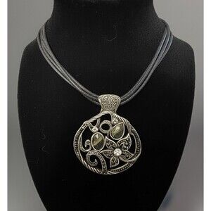 Green Moonstone Floral Statement Pendant With Black Leather Seed Bead Necklace